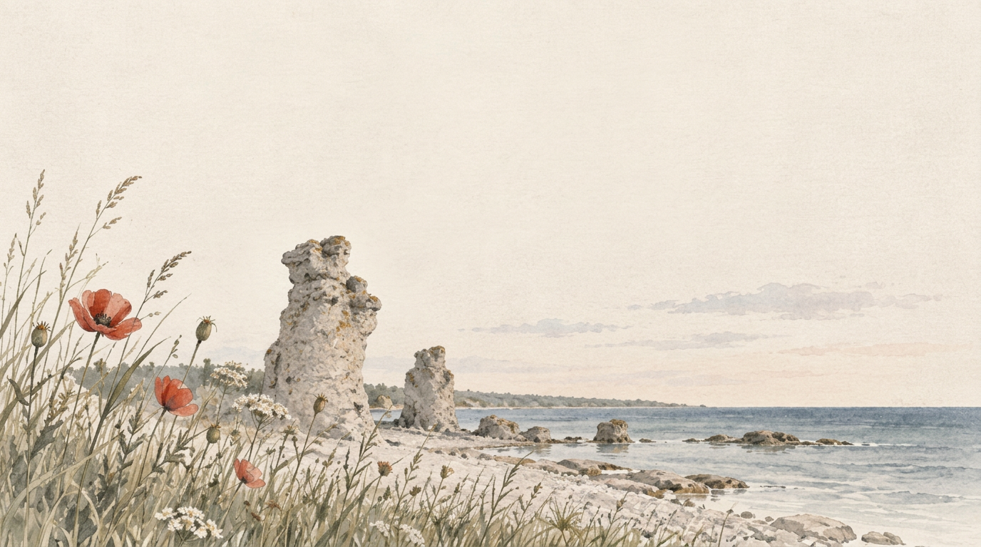 Akvarell av raukar och vallmo vid havet på Gotland